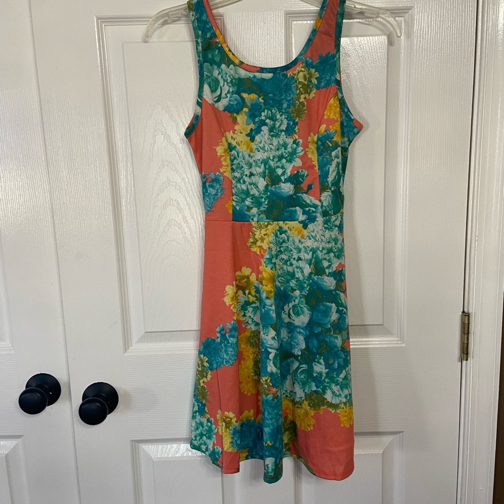 Chesley Coral Dress with Teal and Yellow Floral Print
